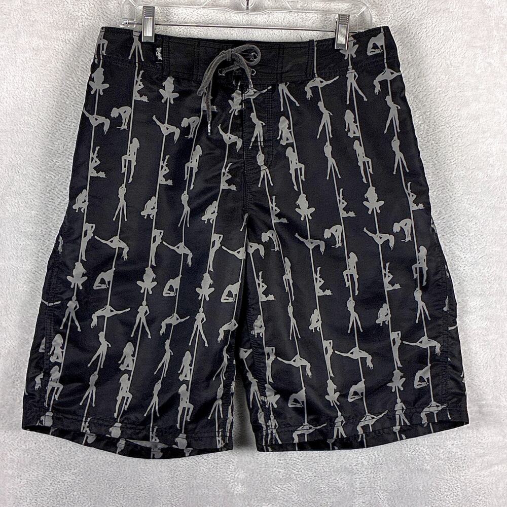 VTG No Fear Board Shorts Mens M Black Pole Dancer Pin Up Beach Pool Summer Y2K